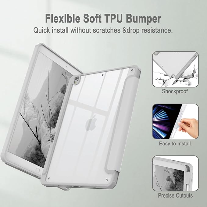 Case for iPad 9th / 8th / 7th Generation (2021/2020 / 2019), for iPad 10.2 Inch Case with Pencil Holder, Stand Tablet Clear Back Cover, Auto Sleep/Wake - Grey White