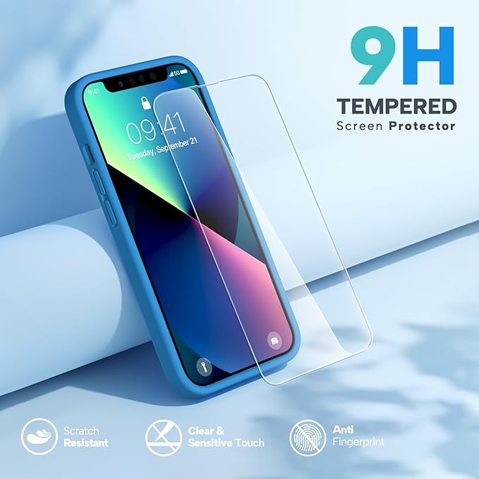 Miracase Designed for iPhone 13 Case, with Tempered Glass Screen Protector, [Soft Anti-Scratch Microfiber Lining], Shockproof Liquid Silicone Rubber Phone Case Cover for 13 6.1 inch, Capri Blue