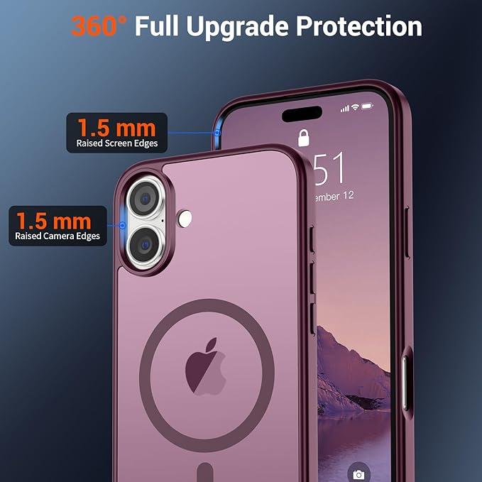 SUPFINE Magnetic for iPhone 16 Plus Case(Compatible with MagSafe)(10 FT Military Grade Drop Protection) Slim Translucent Matte Shockproof with Anti-Fingerprint Phone Case,Wine Red