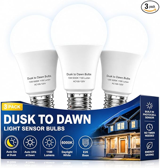 OHLUX Dusk to Dawn Outdoor Light Bulb, 13W 60W Equivalent Energy Saving A19 E26 Led Bulb, 5000K Cool White Smart Automatic On Off Photocell Sensor, 1100LM, 3 Pack