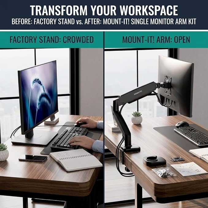 Mount-It! Single Monitor Arm Desk Mount, Gas Spring Monitor Mount, Fits 13–32" Screens up to 17.6 lbs, VESA 75x75 & 100x100, Full Motion Tilt Swivel Rotate, C-Clamp & Grommet Base