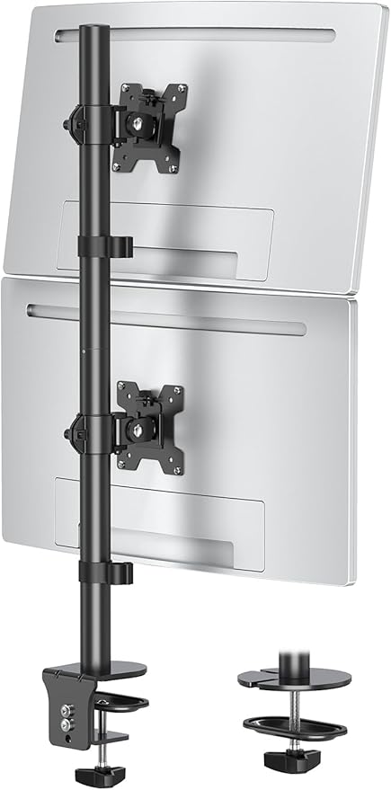 MOUNTUP Dual Monitor Stand, Vertical Monitor Mount for 2 Max 32 inch Stack Screen Monitors, Height Adjustable, Swivel, Tilt Monitor Desk Mount with C Clamp Grommet Base, Home Office