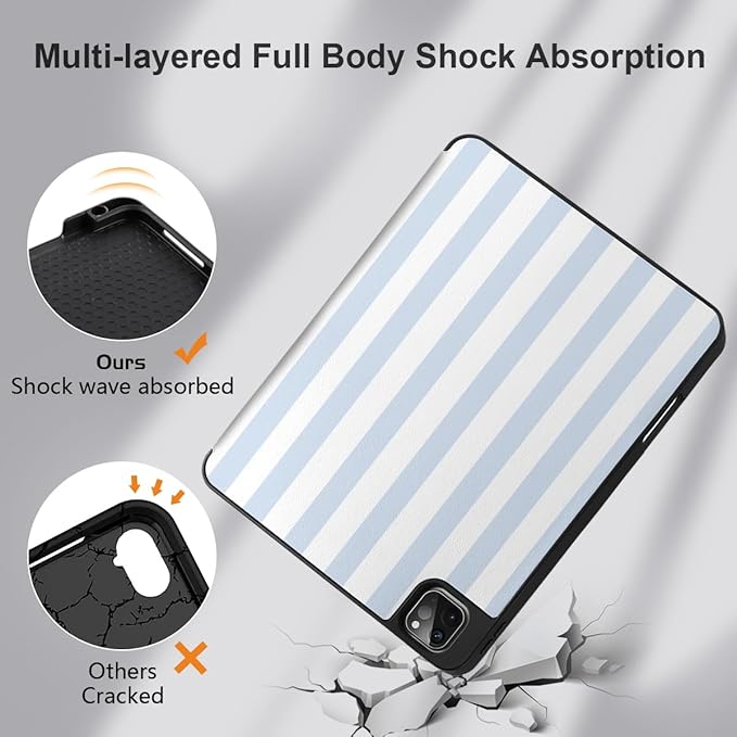 DONGKE Case for iPad Pro 12.9 inch 6th Generation 2022, Built-in Pencil Holder + Trifold Stand + Auto Wake/Sleep + Protective Cover for iPad Pro 12.9 5th/4th/3rd Gen- Blue Stripes