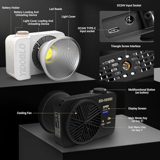 ZC-100BI 100W COB Video Light with Bowens Mount,10000Lux/m 2700K-7500K Bi-Color Camera Light with 10 Scenario Simulations Control Continuous Lighting for Photography (ZC-100 White Mini KIT)