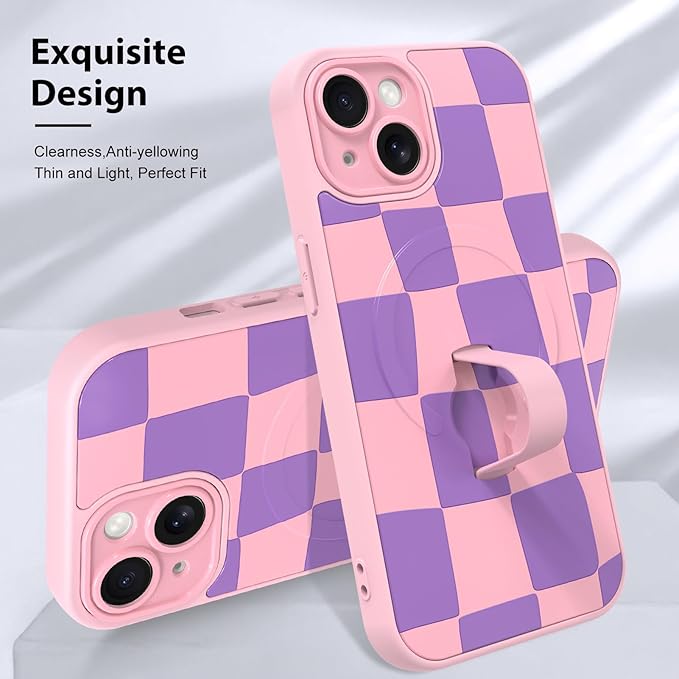 KANGHAR Compatible with iPhone 15 Case, Support for MagSafe, Silicone Checkered Cute Pattern, Wristband Kickstand Camera Protection Soft Slim Cover for Girls Women -Pink