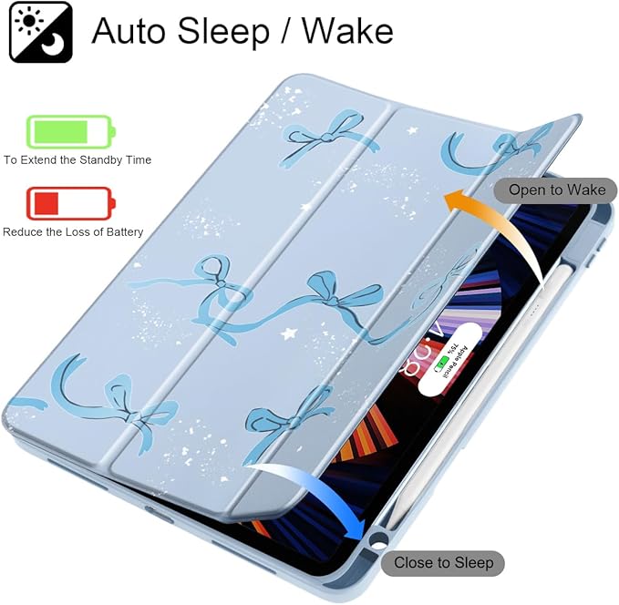 Tuiklol for iPad Pro 11 Inch 4th / 3rd / 2nd / 1st Gen (2022 2021 2020 2018) Case -Built-in Pencil Holder Shockproof Cover Clear Transparent Back Shell with Auto Wake/Sleep, Bow-Blue