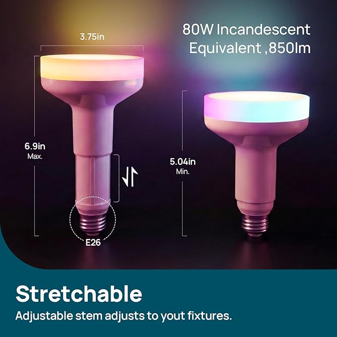 Linkind Matter BR30 Smart Light Bulbs with Stretchable Design & 4-Zone Aurascape Color, 850LM Recessed Smart Flood Light Bulb, Works with Alexa/Apple Home/Google Home, Music Sync Light Show, 4 Pack