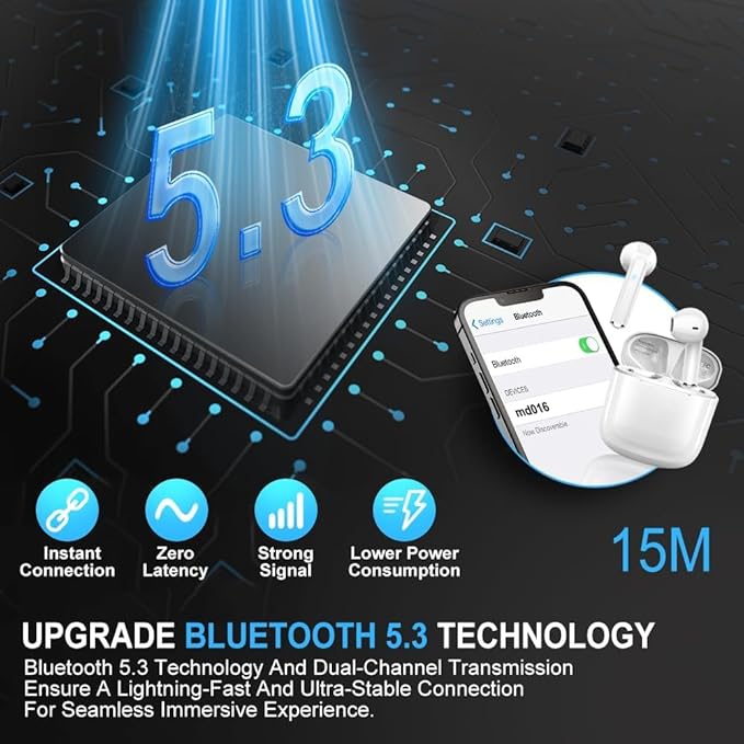 Wireless Earbud, Bluetooth Headphones 5.3 Mini Bluetooth Earbud, Deep Bass Stereo Wireless Earphones in Ear Sport 40H USB-C Charging Case, ENC Noise Cancelling Ear Buds with 4 ENC Mic Dual LED Display