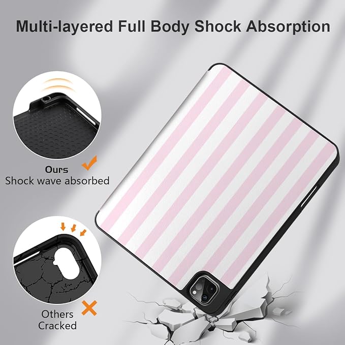 DONGKE Case for 2022/2021/2020/2018 iPad Pro 11 inch Gen 4/3/2/1 - Slim Protective Case - Built in Pencil Holder Support Charging - Trifold Stand & Sleep/Wake Cover- Pink Stripes
