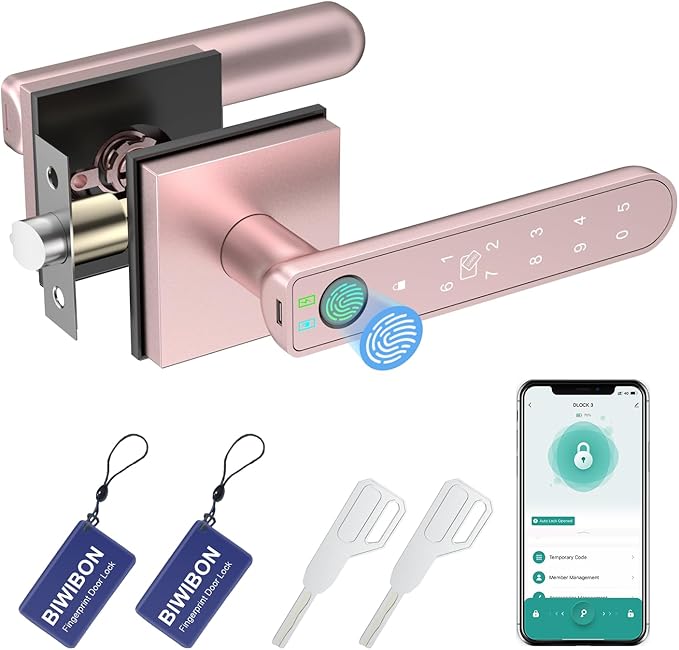 BIWIBON Fingerprint Door Lock, 5 in 1 Finger Print Door Knob with Smart APP/Fingerprint/IC Cards/Password/Backup Keys, Smart Door Knob with Keypad for Bedroom, Office, Apartment, Rose Gold