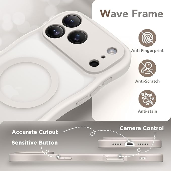 CAPRARO Magnetic for iPhone 17 Pro Max Case for Women Girls, Upgraded [Full Camera Protection] [Compatible with MagSafe] Cute Wave Translucent Matte Phone Case for iPhone 17 Pro Max, Stone