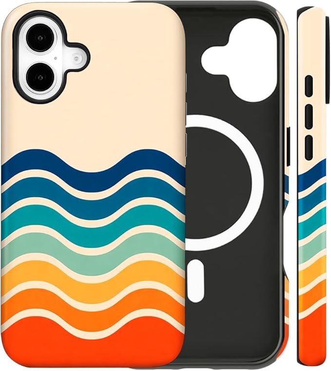 Magnetic for iPhone 16 Case Cute Stripes Phone Case, Shockproof Slim TPU and Hard PC Protective Phone Cover Compatible with MagSafe Designed for Women Girls,Retro Wave
