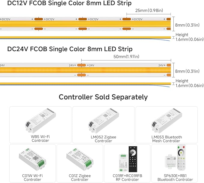 BTF-LIGHTING FCOB COB LED Strip Orange Color 480LED/m 16.4FT DC24V Flexible High Density Uniform Light 8mm Width Bright Dimmable LED Ribbon for Bedroom Indoor Decor(No Adapter or Controller)
