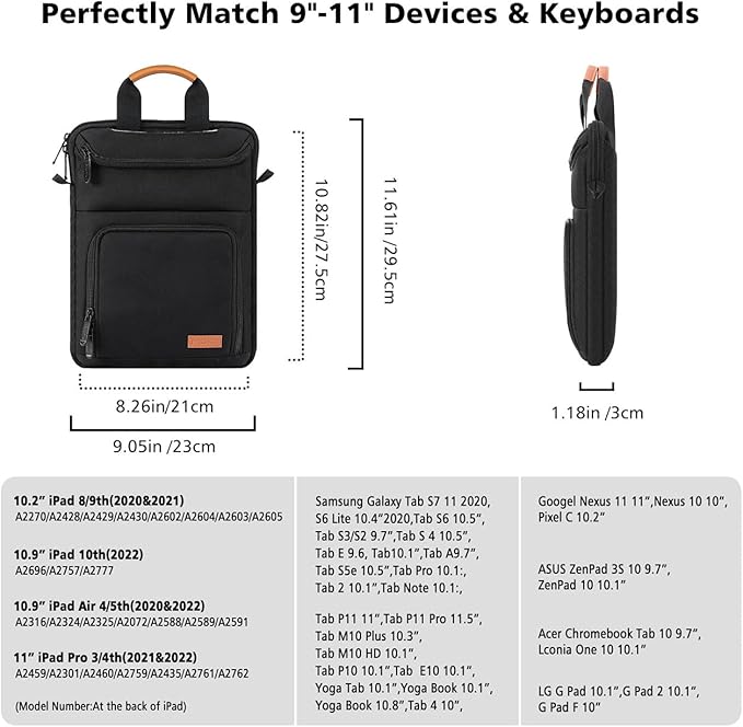 MoKo 9-11 Inch Tablet Sleeve Bag Carrying Case Fits New iPad Air/iPad Pro 11 inch 2024, iPad Air 5 10.9, iPad 10th 10.9, iPad 9/8th 10.2, Tab S8/S9 11, with Shoulder Strap, Handle and Pockets, Black