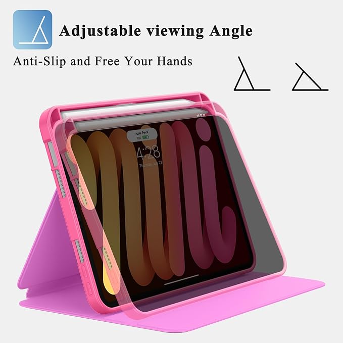 Supveco Case for iPad mini 7 (A17 Pro) 2024/iPad Mini 6 2021 8.3 Inch with Pencil Holder-[Auto Wake/Sleep],Slim Protective Case with Soft TPU Back Cover for iPad mini 7th/6th Generation-HotPink