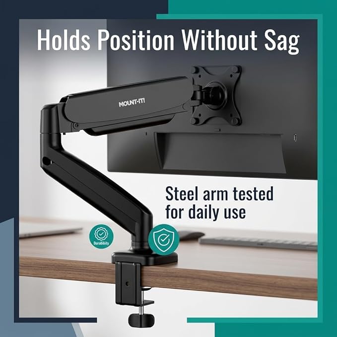 Mount-It! Single Monitor Arm Desk Mount, Gas Spring Monitor Mount, Fits 13–32" Screens up to 17.6 lbs, VESA 75x75 & 100x100, Full Motion Tilt Swivel Rotate, C-Clamp & Grommet Base