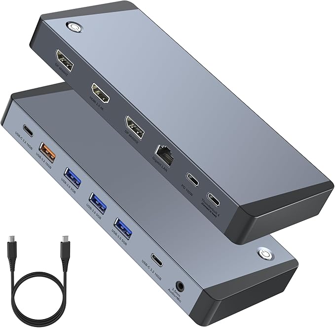 13-in-1 Laptop Docking Station 3 Monitors for Mac and Windows, USB C Hub with Triple 4K@60Hz (2DP+1HDMI), 100W PD Charging, One-Click Screen Off Switch, 10Gbps Data, Gigabit LAN, for Office and Gaming