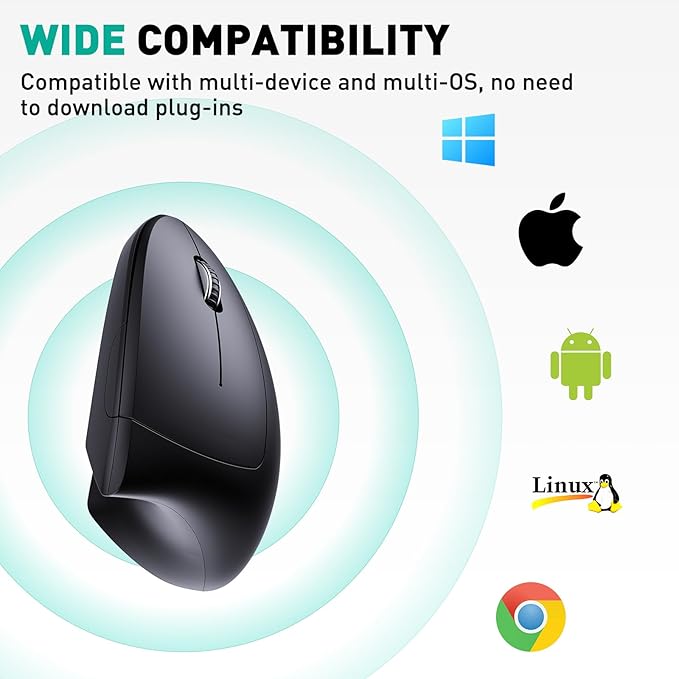 JYKEYMOUT Bluetooth and 2.4G (2-in-1) Rechargeable Wireless Mouse, Ergonomic Vertical Design, 1000/1200/1600 DPI, 6 Silent Buttons, for Laptop, Computer, PC, MacBook, Chromebook-Black