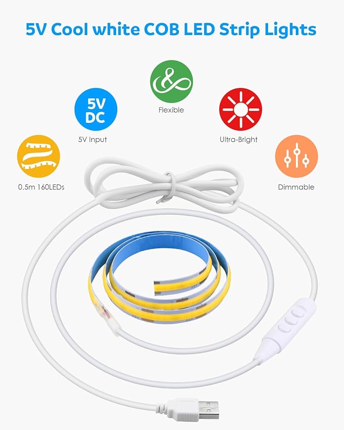 Aclorol USB COB LED Strip 50cm White LED Strip Lights for Bedroom Dimmable Light Strip with Dimmer High Density and Bright for Kitchen Cabinet Display Case Craft Lighting Project 6000K 1.64FT/0.5M