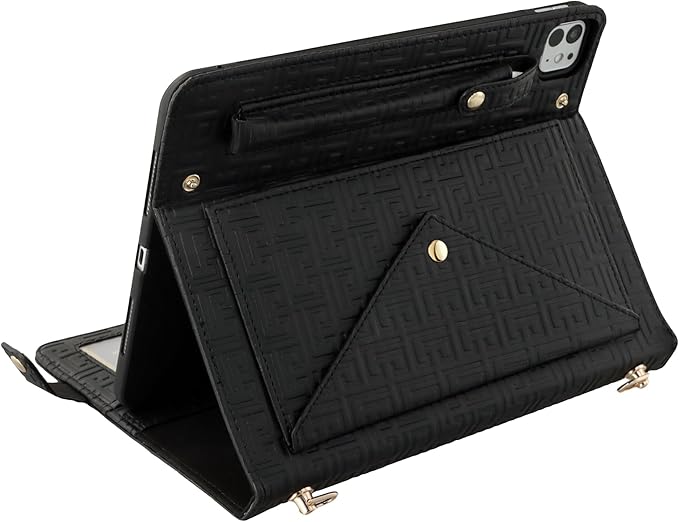 Handbag Case for iPad Pro 13-inch M5 2025/M4 2024, Techcircle Elegant Crossbody PU Leather Folio Envelope Pocket Stand Cover with Hand Strap+Shoulder Strap+Pencil Holder+Card Slots, Black
