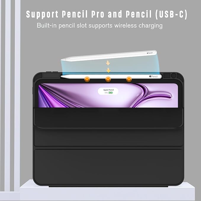 ZryXal New iPad Air 13 Inch Case M3 2025/M2 2024 with Pencil Holder, Trifold Stand Smart Case with Soft TPU Back,Auto Wake/Sleep (Black)