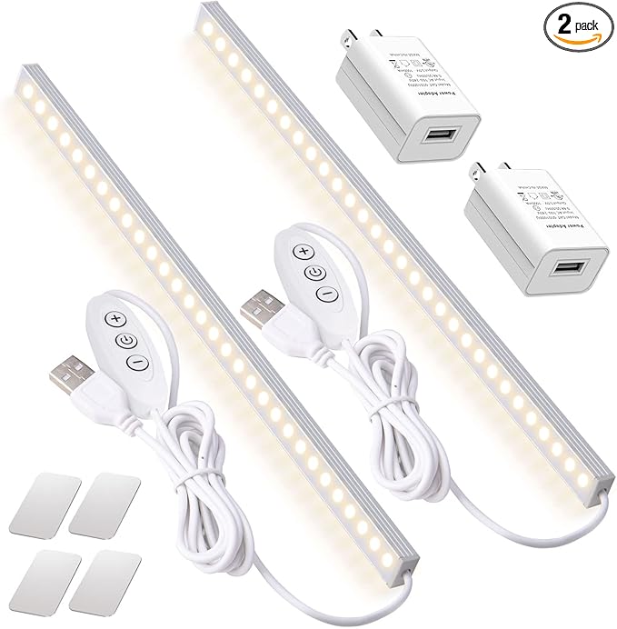 DWEPTU 2Pack LED Under Cabinet Lighting Dimmable Under Cabinet Lights with USB Powered for Closet Light Bar Under Counter Lighting Work Tables Student Dormitory (Include AC Plug)