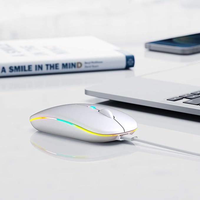 Wireless Bluetooth Mouse, Rechargeable, LED, Silent, Ultra-thin Design (Bluetooth 5.2 and 2.4GHz USB Receiver) | Portable Computer Mouse for Laptops, iPads, MacBooks and Apple Devices (white)