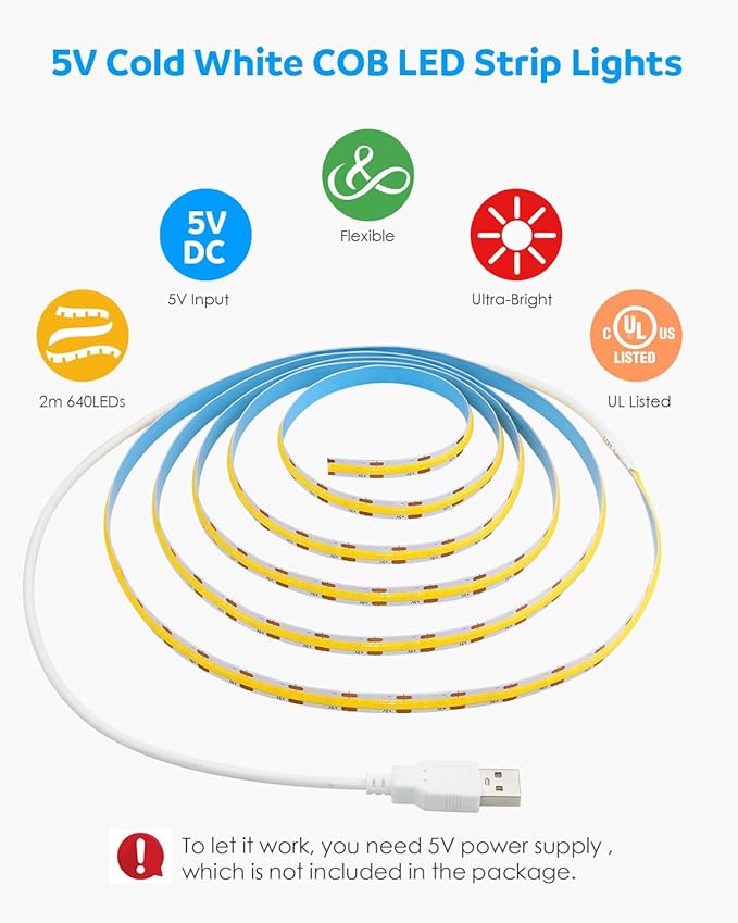Aclorol USB COB LED Strip Lights for TV 5V USB Powered LED Tape Lights Daylight White 6.56FT 320Leds/M 6000K COB Flexible Light Strip TV Led Backlight for Bedroom Under Cabinet Kitchen DIY 400LM/m