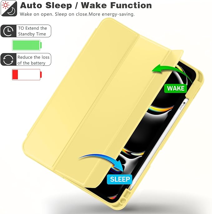 ZryXal iPad Pro 11 Inch Case (M5) 2025/ (M4) 2024 (Model: A2836/A2837/A3006), Trifold Stand Smart Cover with Pencil Holder and Soft TPU Back, Auto Wake/Sleep (Yellow)
