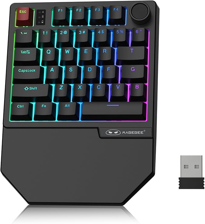 MageGee Wireless One Handed Gaming Keyboard, Tri-Mode BT/ 2.4Ghz RGB Backlit 34 Keys Mini Keyboard for Gamer, Red Switch, Wrist Rest Support(Black)