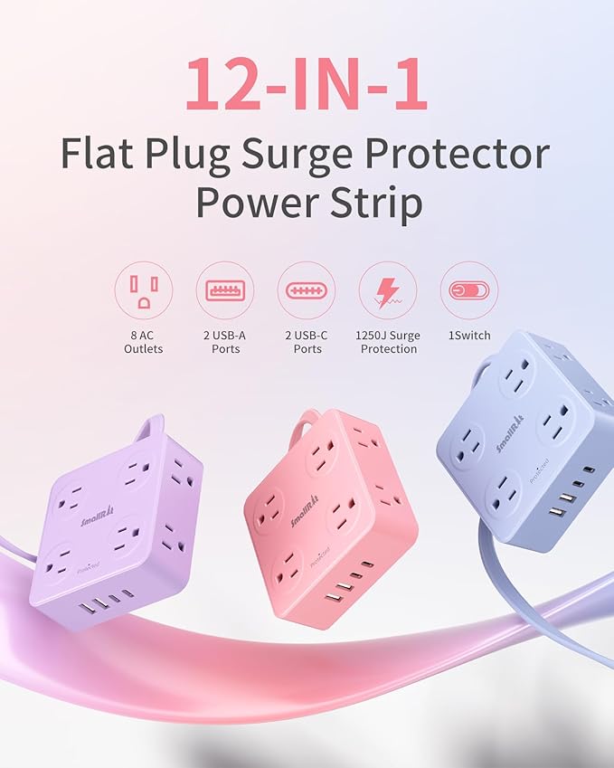Extension Cord with Multiple Outlets, SMALLRT Power Strips with Surge Protection, 6.5FT Flat Plug Power Strip with USB Ports, 8 Outlets, Outlet Extender Surge Protector Outlet for Home Office, Pink
