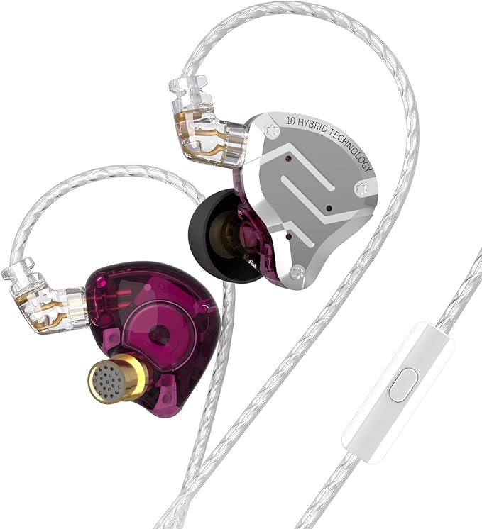KZ ZS10 Pro Gaming Earbuds Headphone, KZ in Ear Monitor IEM HiFi Earphone with 5 Driver 4BA 1DD with Detachable 0.75mm 2 Pin Cable for Singer Musician Drummer (Purple with Mic)