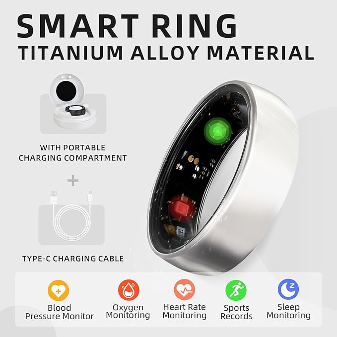Smart Ring Titanium Fitness Sleep Tracker Health Monitoring Blood Pressure Blood Oxygen for iPhone and Android 7 Days Batterty Life (Silver, 11) Full Charge First Use