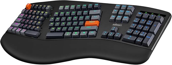 Adesso EasyTouch 1500 Ergonomic Mechanical Keyboard with Cherry Red Switches Wired Wireless Bluetooth RGB Illuminated Multi OS for Mac VIA Programmable with Copilot AI Hotkey