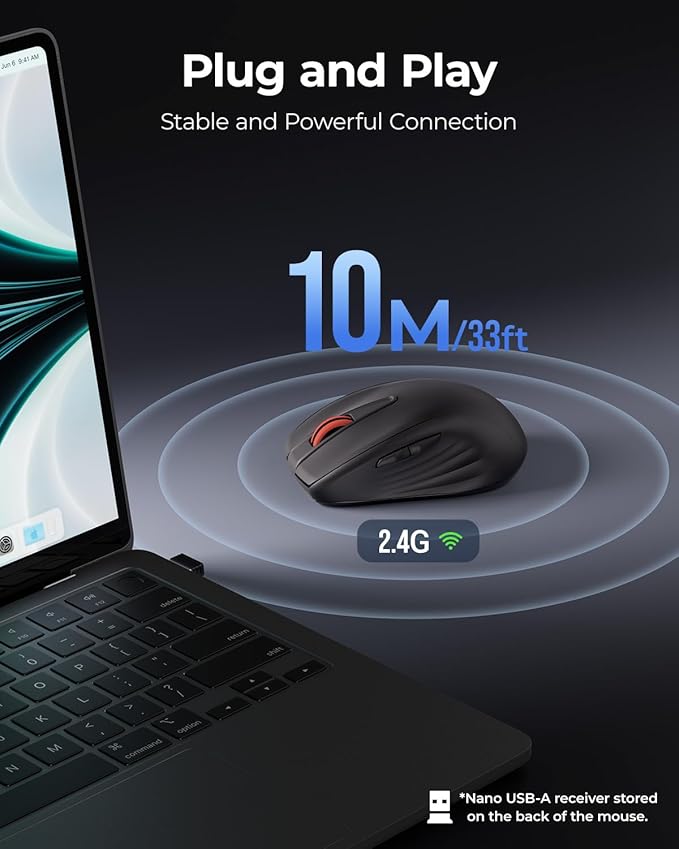wegear WL500 Rechargeable Silent Wireless Mouse, Quiet Click, 2.4G USB Cordless Computer Mouse with 6 Buttons, Ambidextrous Grip, Adjustable DPI for Laptop, PC, Mac (Black)
