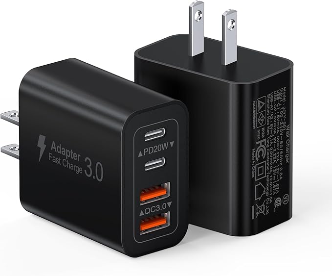 [2-Pack] 40W USB C Charger Block, 4-Port Type C Fast Charging Brick Dual PD&QC Wall Plug Adapter Power Brick for iPhone 13/14/15/16/17/Pro Max/Plus/iPad/Airpods/iwatch/Samsung Galaxy (Black)