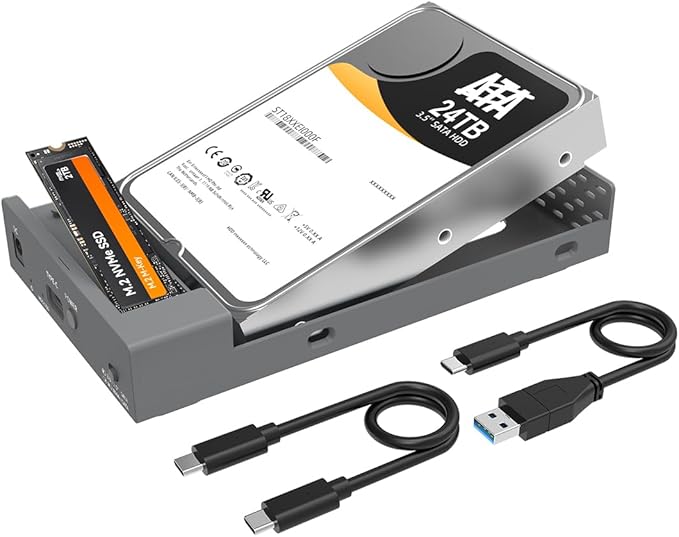 MAIWO Dual Bay Enclosure for M.2 NVMe SATA SSD and 2.5 3.5 inch SATA SSD HDD, External Hard Drive to USB C Adapter, 10Gbps 32TB Capacity【DO NOT Support Clone】