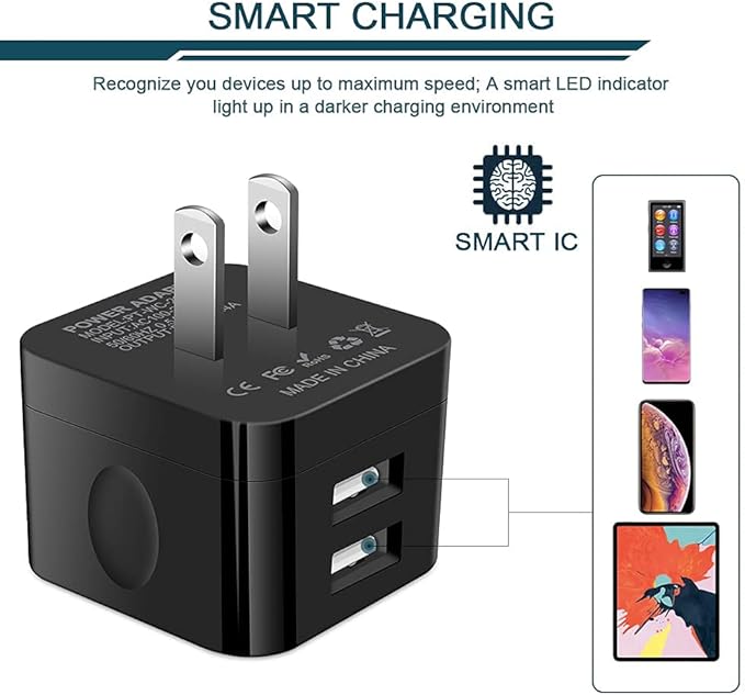 3Pack USB Wall Chargers, 2.4A Dual Port Fast Charger Block Square Flat Power AC Adapter Phone Brick Charging Station for iPhone, Samsung Galaxy, LG Stylo, Google Pixel, USB Plug House Hold Box Cube