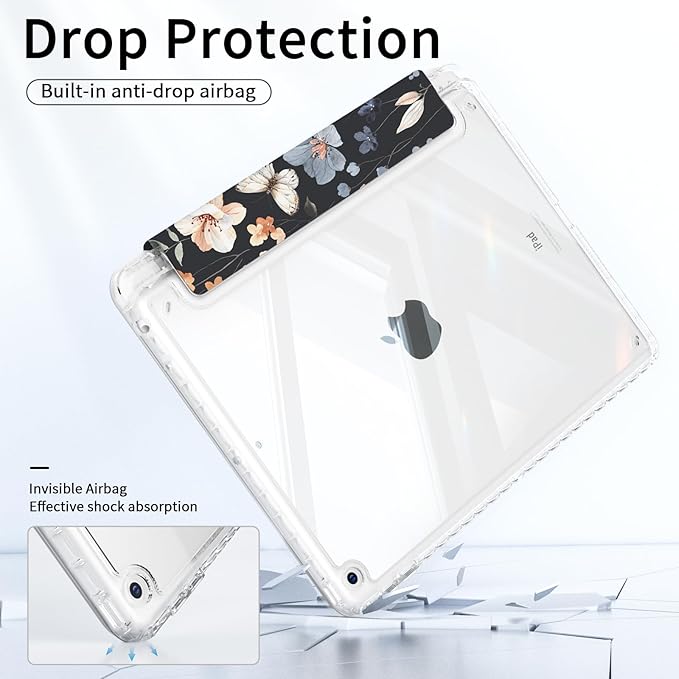 Case for iPad 9th Generation, iPad 10.2 Inch 9th/8th/7th Generation Case with Pencil Holder, Slim Shockproof Clear Back Cover, Auto Sleep, Black&Flower
