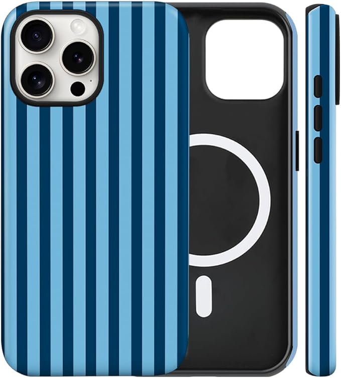 Magnetic for iPhone 14 Pro Case Cute Stripes Phone Case, Shockproof Slim TPU and Hard PC Protective Phone Cover Compatible with MagSafe Designed for Women Girls, Lake Blue