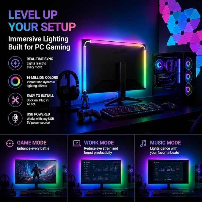 Monitor Backlight for 24-34 inch PC, 27 Inch Monitor Light with PC Sync, RGB LED Strip Lights for Gaming, Zero Delay Effect with Software Control, Works with Windows/Mac (27 inch)