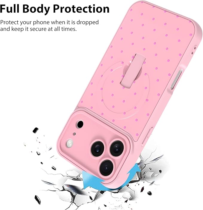 KANGHAR Compatible with iPhone 17 Pro Max Case, Support for MagSafe, Silicone Spot Cute Pattern, Wristband Kickstand Camera Protection Shockproof Soft Slim Cover for Girls Women, Pink