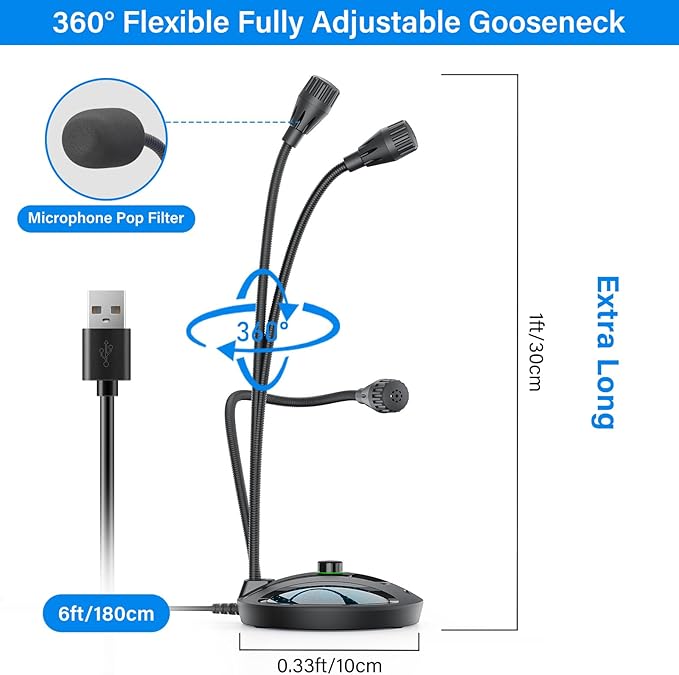 USB Microphone for PC, Plug & Play Computer Mic with Noise Cancelling & Mute, Flexible Gooseneck Desktop Mic for Podcasting, Streaming, Video Conferences, Compatible with Windows & Mac