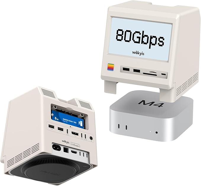 M5 Retro Dock Station for Mac mini M4 Pro, 80Gbps M.2 NVMe SSD Enclosure with Cooling Fan, Compatible for Thunderbolt 5/4/3/USB 4, 5'inch HD Display, SD/Micro SD Reader 4.0, 8K@60Hz Displayport