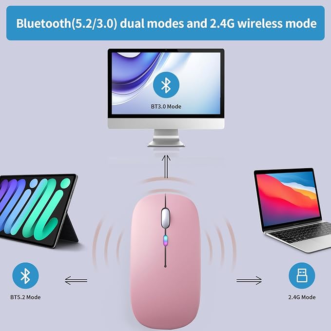 Wireless Bluetooth Mouse, Rechargeable, LED, Silent, Ultra-thin Design (Bluetooth 5.2 and 2.4GHz USB Receiver) | Portable Computer Mouse for Laptops, iPads, MacBooks and Apple Devices (Pink)