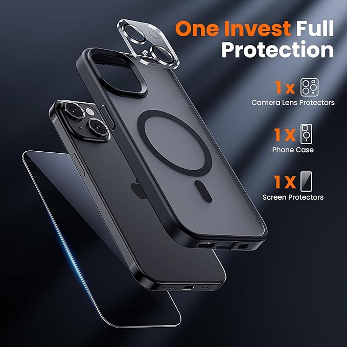 toushion 3 in 1 for iPhone 14 Case with MagSafe, Screen Protector*1 Camera Lens Protector*1,Matte Skin Feeling Back Cover Military-Grade Protection for iPhone 14 Phone Case 6.1 inch Matte Black
