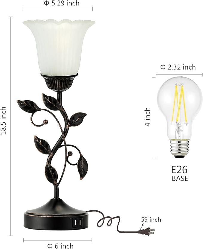 Touch Bedside Lamp with 2 USB Charging Ports, 3-Way Dimmable Nightstand Lamps, White Glass Shade Vintage Rural Leaf Lamp for Living Room Tabletop Bedroom Side Table, LED Bulb Included