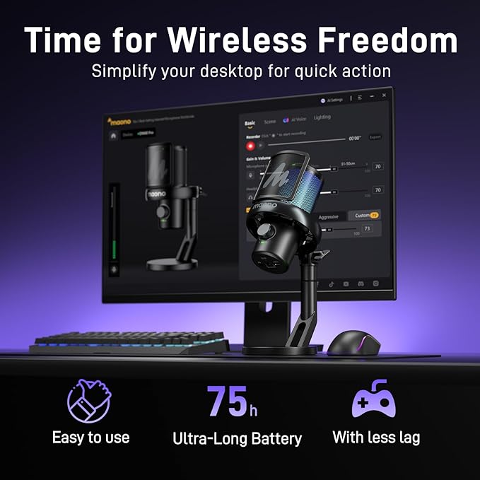 MAONO Wireless/USB Microphone for PC, Condenser Gaming Mic with Software AI Voice Change,3-Level Noise Cancellation,Custom RGB, for Streaming Recording Podcast PS5 PS4 Twitch YouTube, DM40 Pro