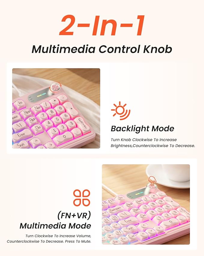 EWEADN V102 Wired Keyboard, 98 Keys Creamy Gaming Keyboard with Number Pad, Display Screen & Media Knob RGB Silent Wired Cute Computer Keyboard for Laptop PC Gamer - Pink