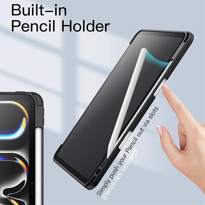 JETech Case for iPad Pro 11-Inch M5/M4 2025/2024 (6th/5th Generation) with Pencil Holder, Clear Transparent Back Shell Slim Stand Shockproof Tablet Cover, Auto Wake/Sleep (Black)